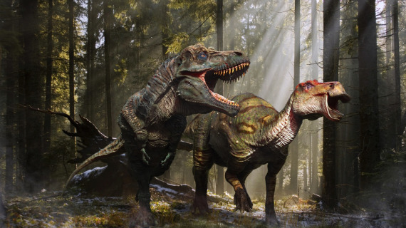 Dilophasaurus greift Iguanodon an